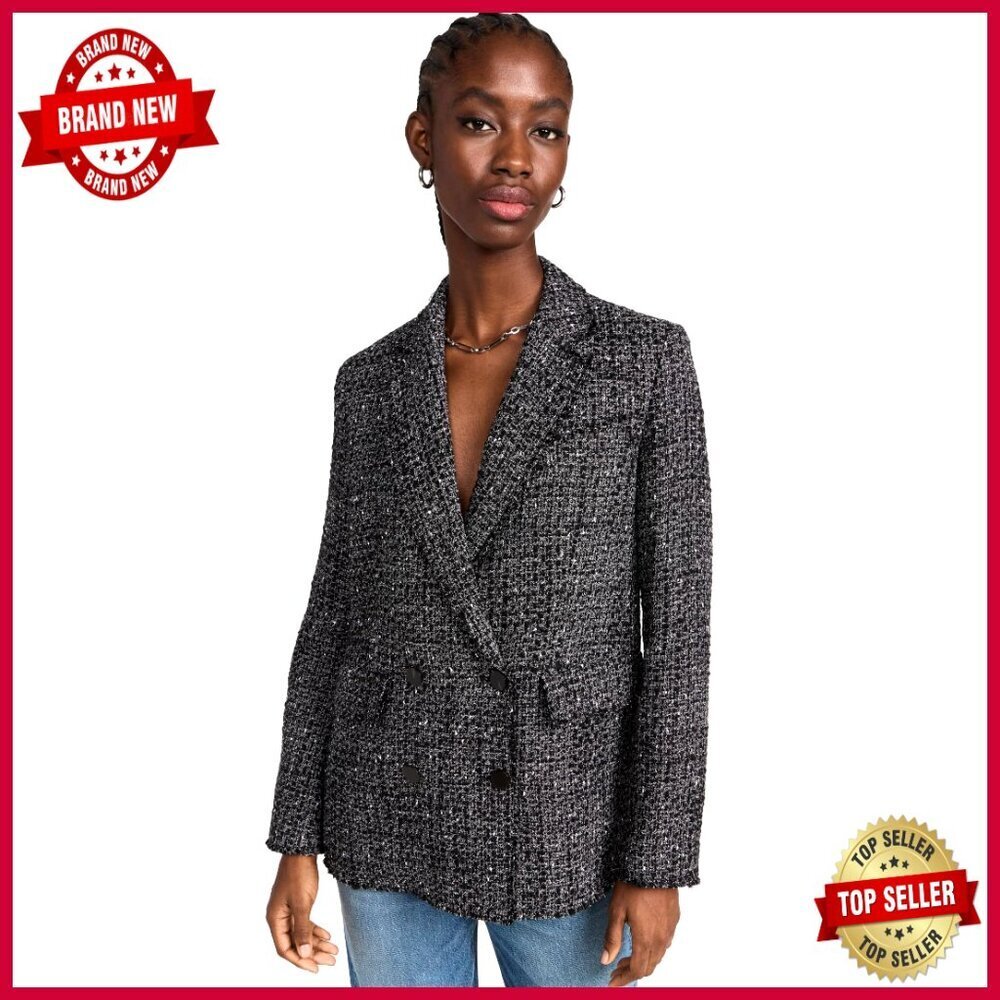 Straight Cut Tweed Blazer with Notch Lapels and Flap Pockets